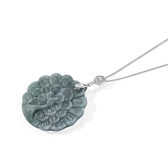 LUXURIANT 42,25 ct. AA Olmek Jadeit und Labor Diamant Anhänger mit 45cm Kette, 925 Silber rhodiniert