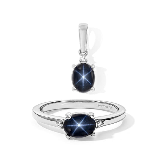 2er Set - EVER TRUE Diffundierter Stern blauer Saphir Ring und Anhänger, nickelfreies Messing, Goldfarben, (Größe 17.00) ca. 2.91 ct