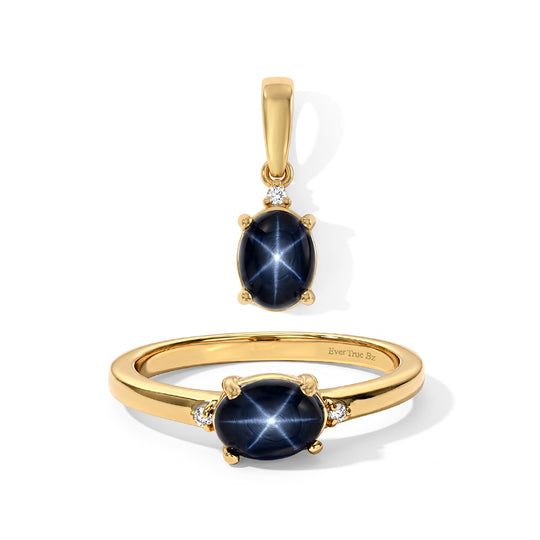 2er Set - EVER TRUE Diffundierter Stern blauer Saphir Ring und Anhänger, nickelfreies Messing, Goldfarben, (Größe 17.00) ca. 2.91 ct