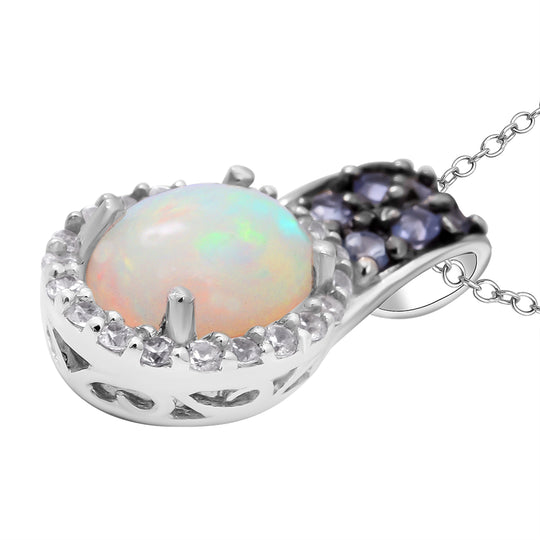 Natürlicher, äthiopischer Welo Opal und Tansanit-Anhänger mit Kette, 925 Silber platiniert ca. 1,62 ct