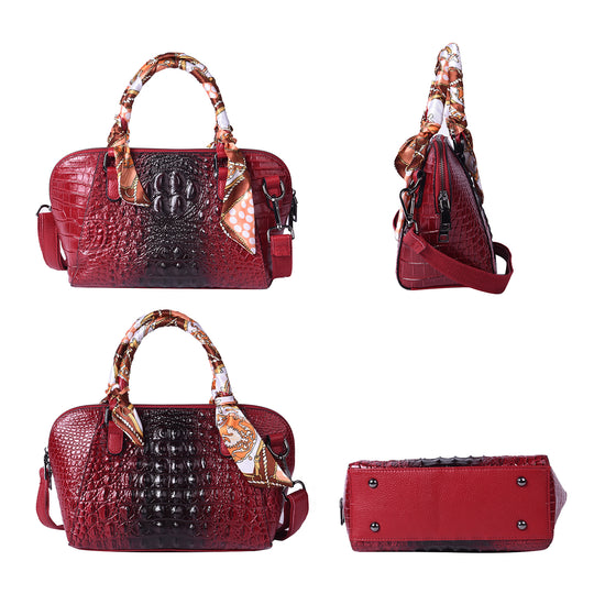 Luxushandtasche aus echtem Leder mit Kroko-Prägung und passendem Schal, Größe 25x9x19 cm, Rot