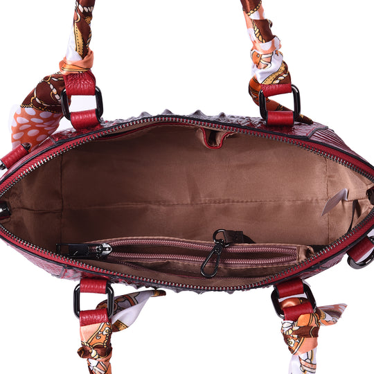 Luxushandtasche aus echtem Leder mit Kroko-Prägung und passendem Schal, Größe 25x9x19 cm, Rot