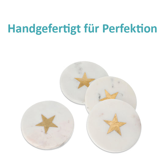 NAKKASHI - 4er-Set, Marmor Untersetzer mit Messingintarsie, Stern, Größe 10x10 cm, Weiß