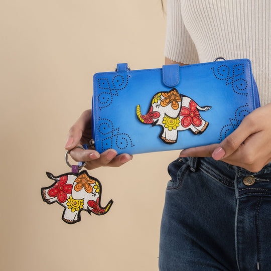 SUKRITI - 100% echter Leder: handbemalte 2-in-1 Brieftasche und adjustable Crossbody Elephant. Größe: 20 x 2.8 x 11 Blau