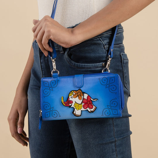SUKRITI - 100% echter Leder: handbemalte 2-in-1 Brieftasche und adjustable Crossbody Elephant. Größe: 20 x 2.8 x 11 Blau