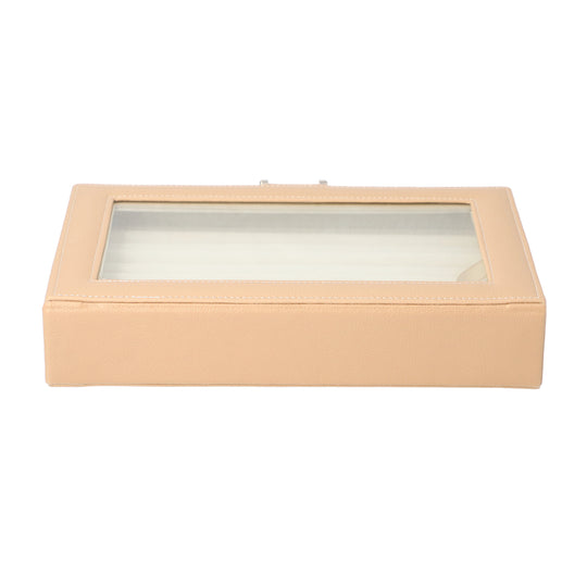 Schatulle aus Kunstleder, Platz für bis zu 100 Schmuckstücke, Glasfenster, Beige