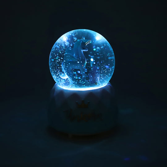 Glitzerkugel Musik und Licht, 15x10 cm, Katzen und Mond, Blau und Weiß