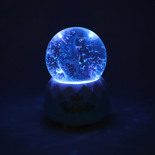 Glitzerkugel Musik und Licht, 15x10 cm, Katzen und Mond, Blau und Weiß