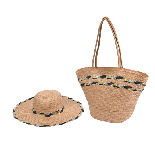 2er-Set 100% Strohpapier Handtasche mit passendem Hut, Größe 46x30x14 cm