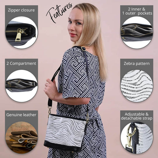 Echtleder Crossbody-Tasche mit Zebra Muster, 24x18x8 cm, Zebra