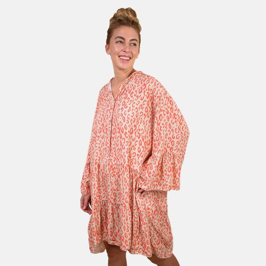 Gesmoktes Sommerkleid, Leopardenmuster, Weiß/Orange