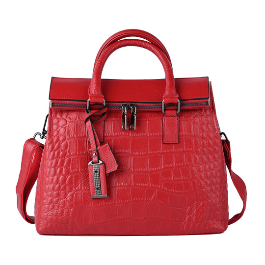 Schultertasche aus 100% echtem Leder mit Kroko-Prägung und abnehmbarem Riemen