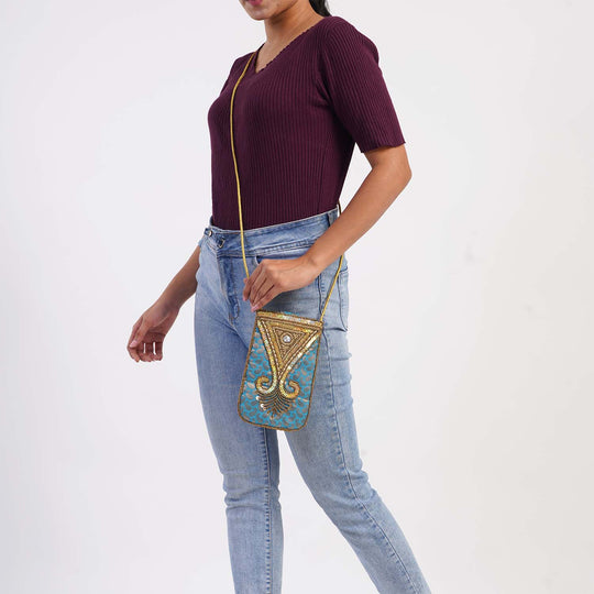 Bestickte Crossbody-Handytasche, Größe 8,5x5,25 cm, Blau