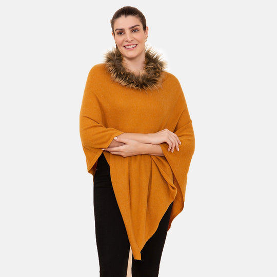 LA MAREY - Kaschmir Poncho mit Kunstfell Bordüre, Senfgelb