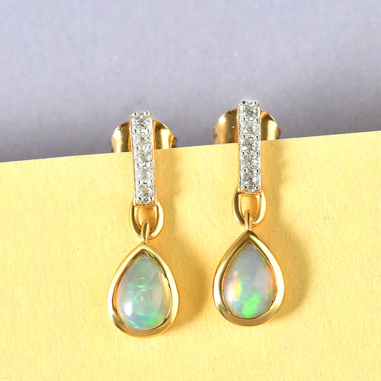 Natürliche, äthiopische Opal und weiße Zirkon-Ohrringe, 925 Silber vergoldet ca. 1,03 ct