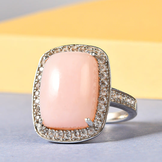 Peruanischer Rosa-Opal und weißer Zirkon-Ring, 925 Silber platiniert (Größe 19.00) ca. 9.08 ct