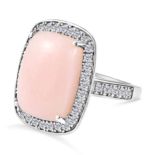 Peruanischer Rosa-Opal und weißer Zirkon-Ring, 925 Silber platiniert (Größe 19.00) ca. 9.08 ct