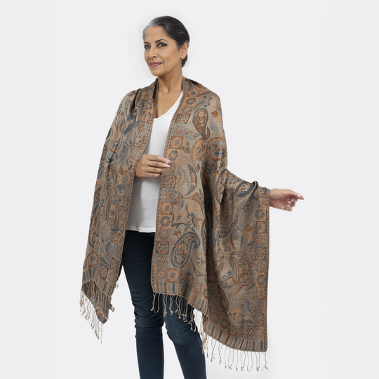 Premium Kollektion - gewebter Schal, 100% Natur Seide, Jamawar Design, 68x190 cm, Erdfarben