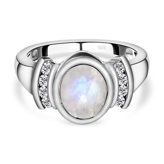 Premium Regenbogen Mondstein und weißer Zirkon-Ring, 925 Silber platiniert (Größe 20.00) ca. 2.00 ct
