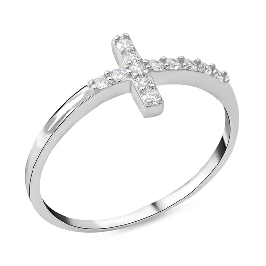 Lustro Stella - Weißer Zirkonia Kreuz-Ring, 925 Silber rhodiniert ca. 0,18 ct