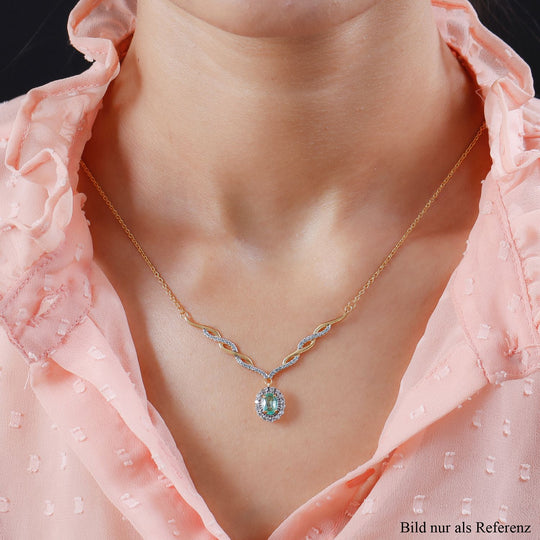 AA äthiopisches Smaragd und weißes Zirkon Collier, ca. 45 cm, 925 Silber Gelbgold Vermeil ca. 1.48 ct