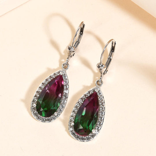 Wassermelonen-Quarz-Triplett und weiße Zirkon-Ohrringe, 925 Silber platiniert ca. 8.24 ct