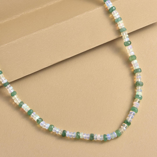 Natürliche, äthiopische Opal und Kagem sambische Smaragd-Halskette, ca. 50 cm, 925 Silber ca. 42.00 ct