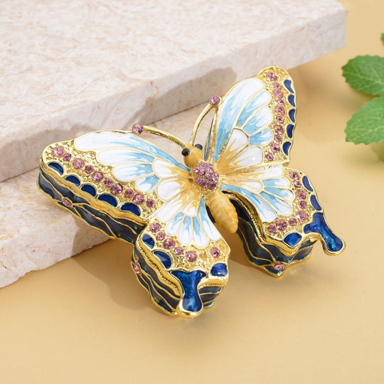 Schmetterling Tablettendöschen mit Kristallen, emailliert, mehrfarbig, 7,5x2 cm, weiß