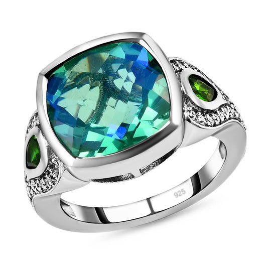 Pfau Triplett Quarz und natürlicher Chromdiopsid-Ring, 925 Silber platiniert ca. 6,33 ct