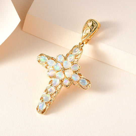 Natürlicher, äthiopischer Welo Opal Kreuz-Anhänger, 925 Silber vergoldet ca. 2,24 ct