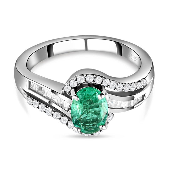 Äthiopischer Smaragd und weißer Diamant Ring, 925 Silber platiniert (Größe 21.00) ca. 0.93 ct