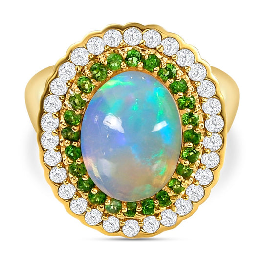 Natürlicher, äthiopischer Welo Opal, Chromdiopsid und weißer Zirkon-Ring, 925 Silber Gelbgold Vermeil (Größe 20.00) ca. 4.99 ct