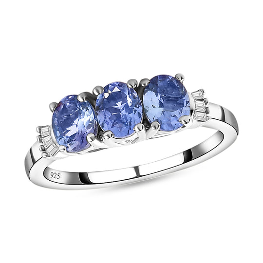Tansanit und weißer Diamant-Ring, 925 Silber platiniert (Größe 20.00) ca. 1.06 ct
