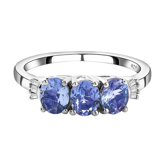 Tansanit und weißer Diamant-Ring, 925 Silber platiniert (Größe 20.00) ca. 1.06 ct