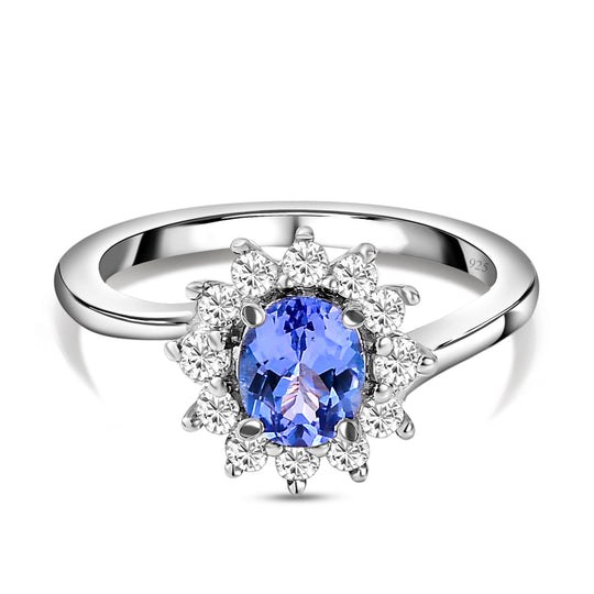AA Tansanit und weißer Zirkon-Ring, 925 Silber platiniert (Größe 21.00) ca. 1,15 ct