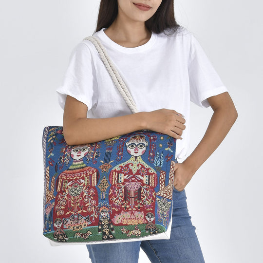 Jacquard gewebte Jute-Tasche mit Mond Design, 42x34 cm, Antik