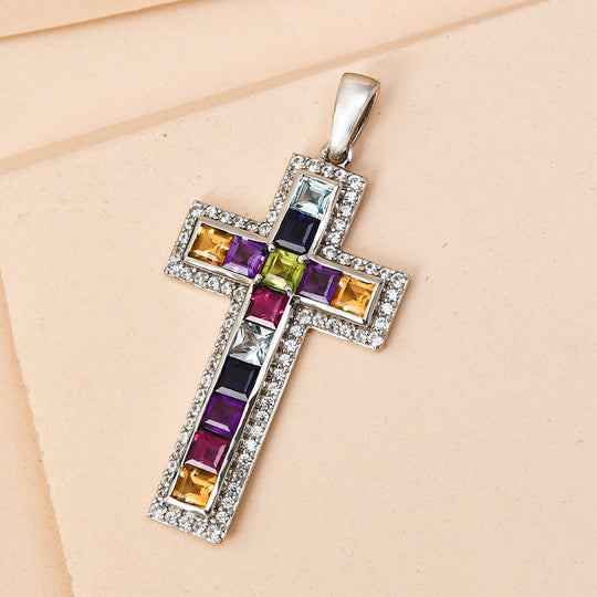 Mehrfarbiger Edelstein Kreuz-Anhänger, 925 Silber platiniert ca. 3,97 ct