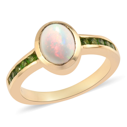 Natürlicher Äthiopischer Opal und Natürlicher Chromdiopsid Ring 925 Silber vergoldet (Größe 18.00) ca. 1,10 ct