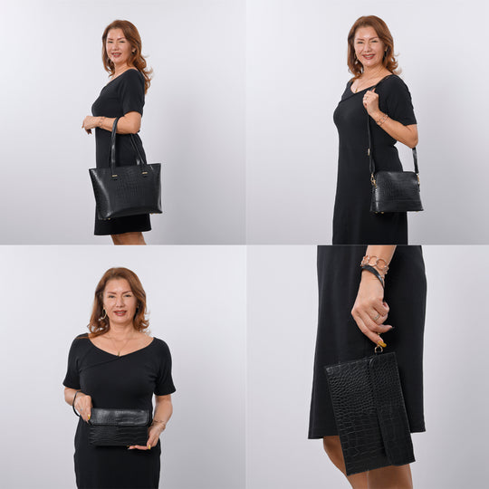 Passage - 4er-Set, Handtasche, Crossbody Tasche, Clutch und Brieftasche mit Kroko Muster, grau