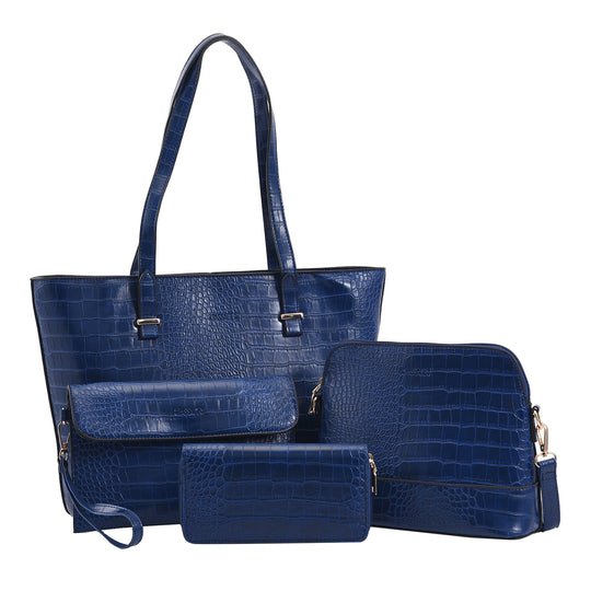 Passage - 4er-Set, Handtasche, Crossbody Tasche, Clutch und Brieftasche mit Kroko Muster, grau