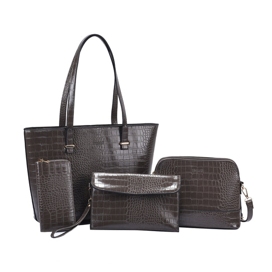 Passage - 4er-Set, Handtasche, Crossbody Tasche, Clutch und Brieftasche mit Kroko Muster, grau