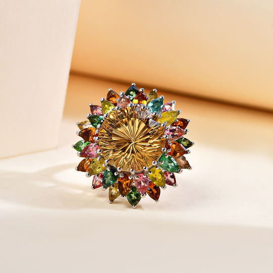 Hanabi Schliff -Citrin und natürlicher mehrfach-Turmalin Ring, 925 Silber platiniert (Größe 18.00) ca. 15.67 ct