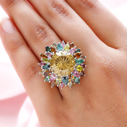 Hanabi Schliff -Citrin und natürlicher mehrfach-Turmalin Ring, 925 Silber platiniert (Größe 18.00) ca. 15.67 ct