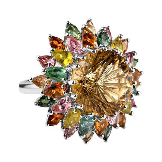 Hanabi Schliff -Citrin und natürlicher mehrfach-Turmalin Ring, 925 Silber platiniert (Größe 18.00) ca. 15.67 ct