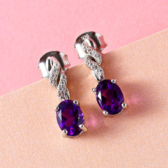 Natürliche, marokkanische Amethyst und weiße Zirkon-Ohrringe, 925 Silber platiniert ca. 1,57 ct
