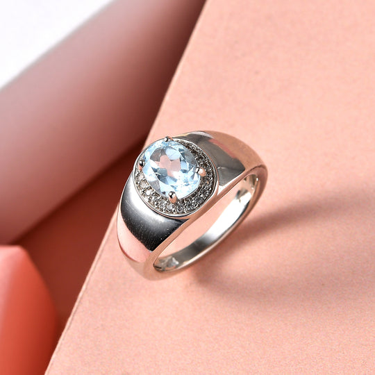Himmelblauer Topas und weißer Zirkon-Ring, reines Messing platiniert ca. 1,63 ct