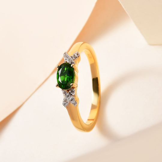 Natürlicher Chromdiopsid und weißer Zirkon-Ring, 925 Silber vergoldet ca. 0,59 ct