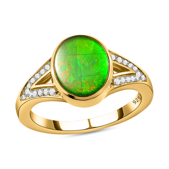 Kanadischer Ammolit und weißer Zirkon-Ring, 925 Silber Gelbgold Vermeil (Größe 17.00) ca. 2,44 ct