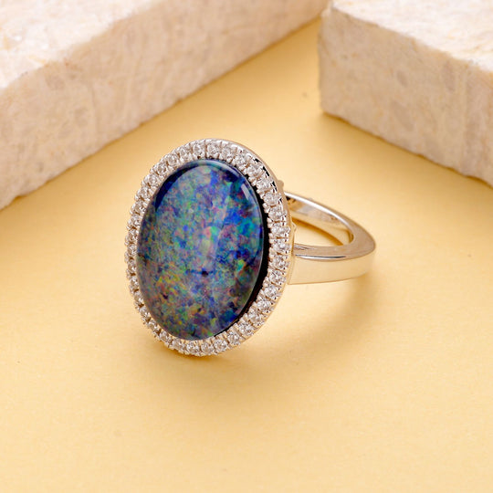 Boulder Opal Triplette und weißer Zirkon-Ring, 925 Silber rhodiniert (Größe 21.00) ca. 7.15 ct