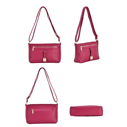 Schultertasche aus Kunstleder, mit mehreren Fächern, 120 cm langem Riemen, 25x16x7 cm, Fuchsia